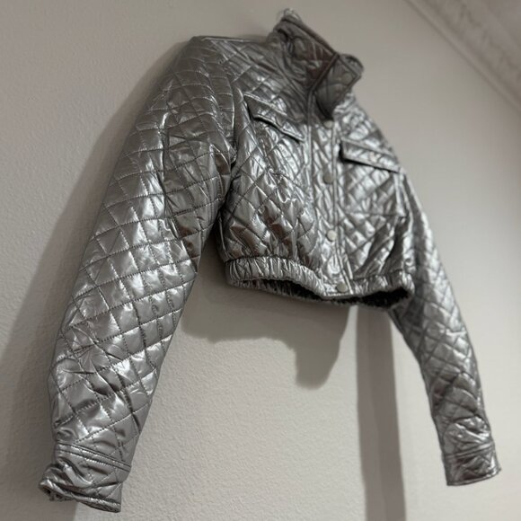 Silver Metallic Quilted Cropped Puffer Jacket (S) - Picture 1 of 2